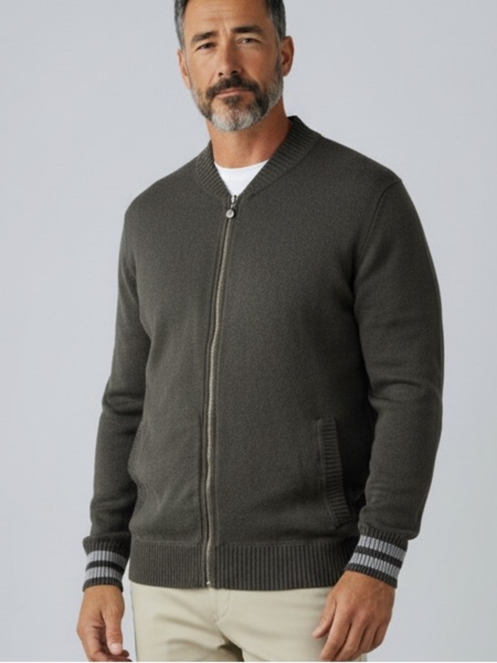 LINKSOUL John Ashworth Mens Full Zip Golf Sweater L Olive Green Cotton Cashmere